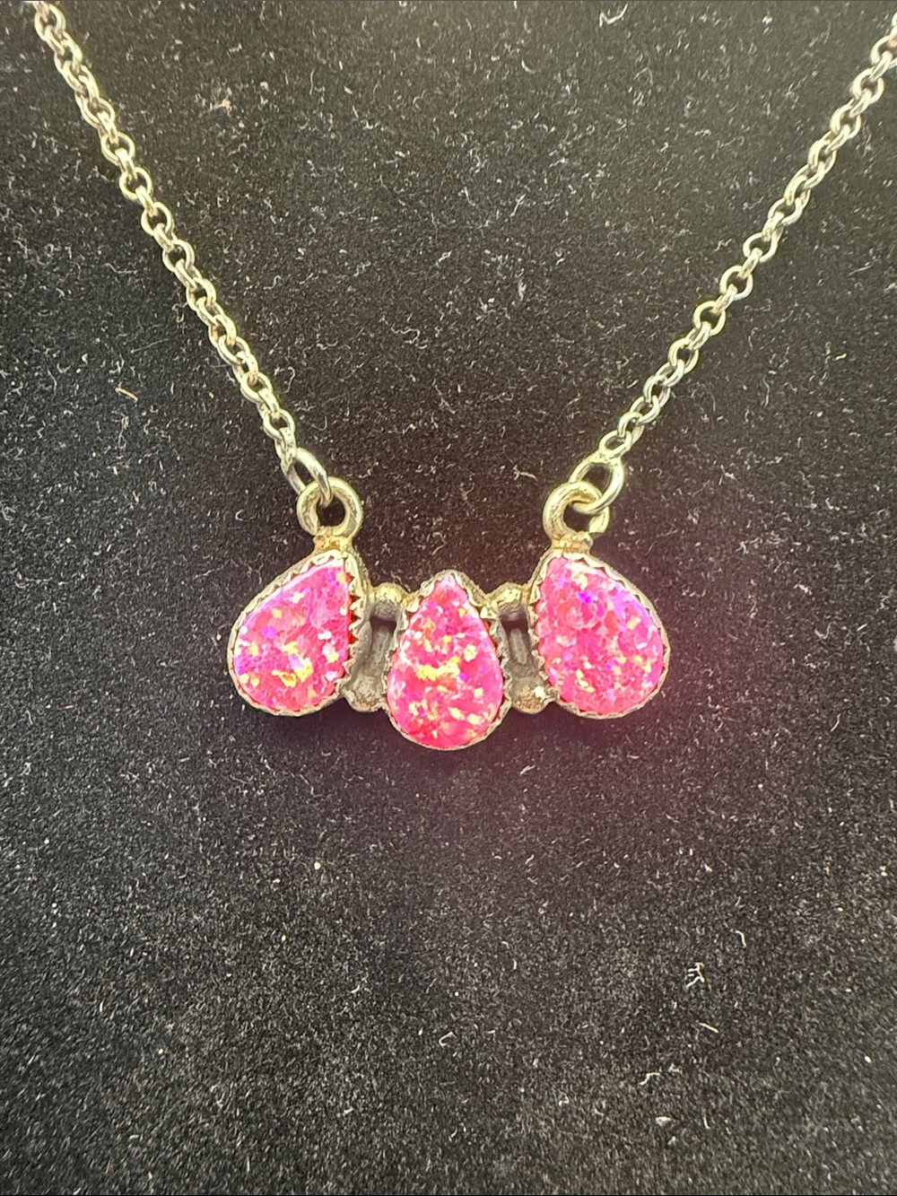 925 Sterling Silver Pink Opal 3 Stone Teardrop Pendant Necklace 16-18”